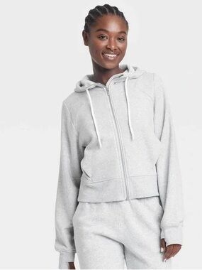 all in motion Light Gray Fleece Zip-Up Cropped Hoodie and Joggers Set